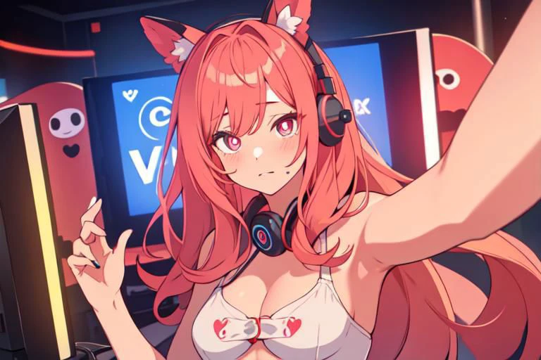 , a cute girl, tiktok,headphones, beutiful face, selfie ,gamer girl ,gaming pc ,playing game symbol-shaped pupils, heart-shaped pupils, expressionless, mind control(,HypHarem)