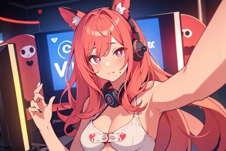 , a cute girl, tiktok,headphones, beutiful face, selfie ,gamer girl ,gaming pc ,playing game symbol-shaped pupils, heart-shaped pupils, expressionless, mind control(,HypHarem)