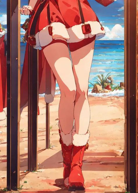 tall , tall ,height ,long legs ) (wearing Sunglasses , black goagles) (on a beach ) (High Quality,Masterpiece,HighRes,8k,Ultra HD, ,hdr,intricate details,Beautiful) (Wearing Santa outfit , red dress , santa cap , , wearing gloves and boots )