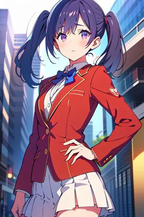 1girl, wang mei-yu, purple hair, purple eyes, twin tails and school uniform, blazer, red jacket, blue bowtie, white skirt