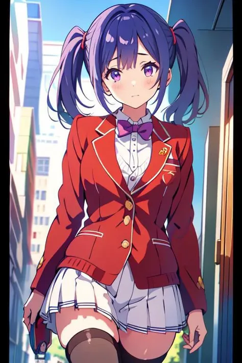 1girl, wang mei-yu, purple hair, purple eyes, twin tails and school uniform, blazer, red jacket, blue bowtie, white skirt