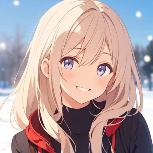 a girl smiling slightly, head tilted up, front view, (upper body shot: 1), close up shot, snowy background