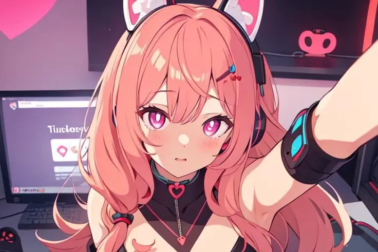 , a cute girl, tiktok,headphones, beutiful face, selfie ,gamer girl ,gaming pc ,playing game symbol-shaped pupils, heart-shaped pupils, expressionless, mind control(,HypHarem)