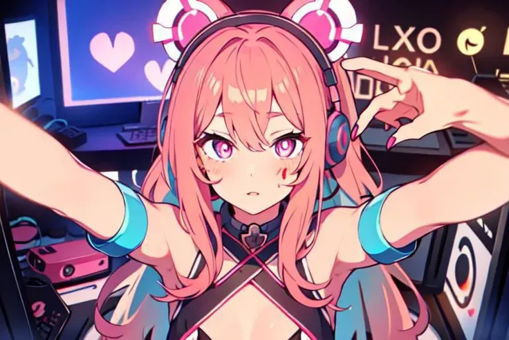 , a cute girl, tiktok,headphones, beutiful face, selfie ,gamer girl ,gaming pc ,playing game symbol-shaped pupils, heart-shaped pupils, expressionless, mind control(,HypHarem)