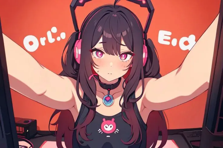 , a cute girl, tiktok,headphones, beutiful face, selfie ,gamer girl ,gaming pc ,playing game symbol-shaped pupils, heart-shaped pupils, expressionless, mind control(,HypHarem)