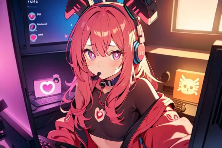 , a cute girl, tiktok,headphones, beutiful face, selfie ,gamer girl ,gaming pc ,playing game symbol-shaped pupils, heart-shaped pupils, expressionless, mind control(,HypHarem)