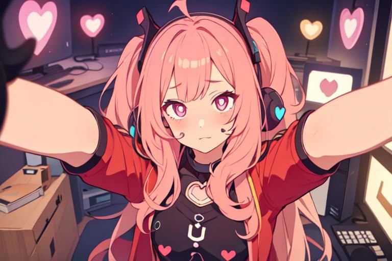 Anime girl with pink hair and headphones in a room - SeaArt AI