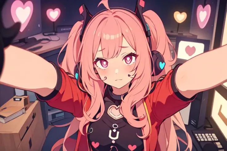 , a cute girl, tiktok,headphones, beutiful face, selfie ,gamer girl ,gaming pc ,playing game symbol-shaped pupils, heart-shaped pupils, expressionless, mind control(,HypHarem)