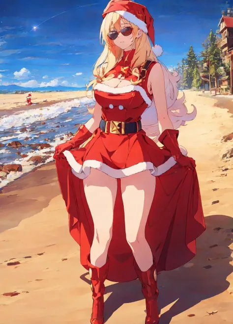 tall , tall ,height ,long legs ) (wearing Sunglasses , black goagles) (on a beach ) (High Quality,Masterpiece,HighRes,8k,Ultra HD, ,hdr,intricate details,Beautiful) (Wearing Santa outfit , red dress , santa cap , , wearing gloves and boots )