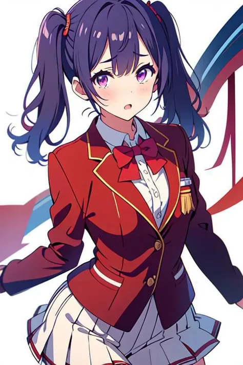 1girl, wang mei-yu, purple hair, purple eyes, twin tails and school uniform, blazer, red jacket, blue bowtie, white skirt