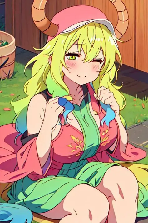 quetzalcoatl_kobayashisanchinomaidragon green_hair, long_hair, blonde_hair, horns, multicolored_hair, dragon_horns, dragon_girl, gradient_hair, blush, closed_eyes, hat, horns_through_headwear, baseball_cap, breasts, anime_coloring, large_breasts, pink_headwear, smile, cleavage, closed_mouth, blue_hair