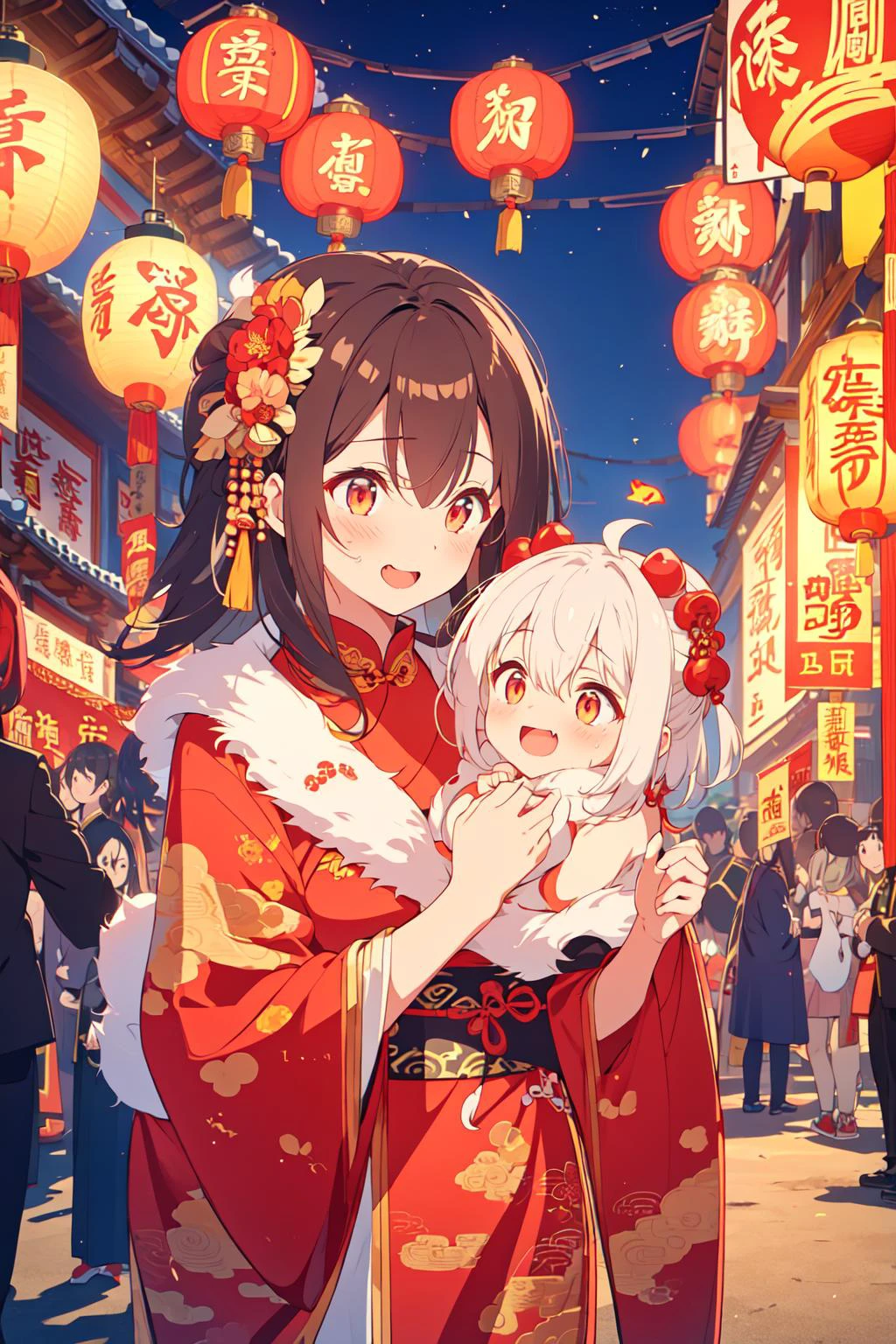 ((chinese dragon)), lunar new year, sino sphere culture, traditional chinese architecture, lantern festival, auspicious symbols, traditional costumes, ornate designs, glowing lanterns, night time, girl headpat dragon, girl opened eyes, excited, amazed, laughing, funny,