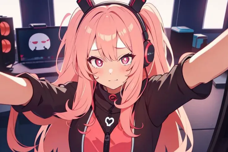 , a cute girl, tiktok,headphones, beutiful face, selfie ,gamer girl ,gaming pc ,playing game symbol-shaped pupils, heart-shaped pupils, expressionless, mind control(,HypHarem)