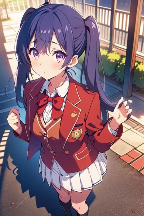 1girl, wang mei-yu, purple hair, purple eyes, twin tails and school uniform, blazer, red jacket, blue bowtie, white skirt