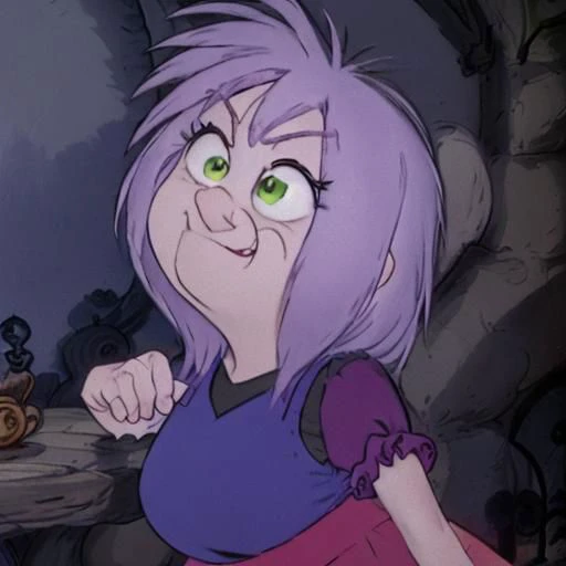 shortstacks, fat, masterpiece cartoon, best high quality, ultra details, intricate details, 4k, <lora:Madam Mim:1>, elderly, witch, cartoon character, pale skin, lavender hair, green eyes. indigo shirt, magenta skirt, dark magenta sleeves, violet shoes, wrinkles, solo, skinny legs, (cellulite:1.1), (flat chested:1.4), (sweat:1.2), looking at viewer, annoyed