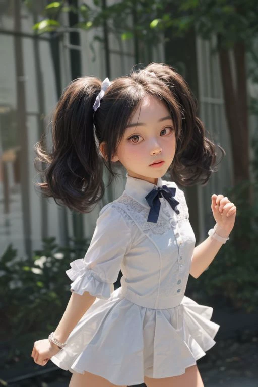 (cute, shortstacks, flat chest, ite face, large eyes),
blush, embarrassed, simile, tiny short twin tail with ribbon,
cute dancing,
Masterpiece, best quality, 8k, realistic, hi res, ultra-detailed, soft lighting, bright
