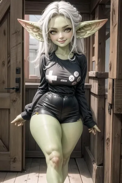 looking at viewer, smile, <lora:GameController092602:0.9> game controller print, black shirt, best quality, masterpiece, highres, <lora:more_details:0.65>, 1girl, solo, <lora:unexptits_v15:-0.3> large breasts, great legs, short, long flowing hair, white hair, yellow eyes, <lora:goblin_datasets_pruned:1> goblin girl, fewer digits, green skin, <lora:short stack3:1> shortstacks