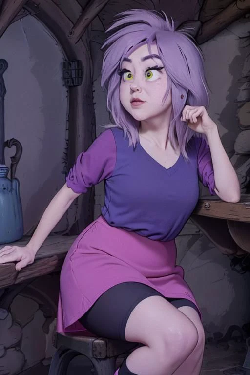 shortstacks, fat, masterpiece cartoon,  best high quality, ultra details, intricate details, 4k, <lora:Madam Mim:1>, elderly, witch, cartoon character, pale skin, lavender hair, green eyes. indigo shirt, magenta skirt, dark magenta sleeves, violet shoes, wrinkles, solo, skinny legs,  (cellulite:1.1), (flat chested:1.4), (sweat:1.2), looking at viewer, annoyed