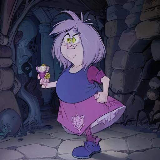 shortstacks, fat, masterpiece cartoon, best high quality, ultra details, intricate details, 4k, <lora:Madam Mim:1>, elderly, witch, cartoon character, pale skin, lavender hair, green eyes. indigo shirt, magenta skirt, dark magenta sleeves, violet shoes, wrinkles, solo, skinny legs, (cellulite:1.1), (flat chested:1.4), (sweat:1.2), looking at viewer, annoyed