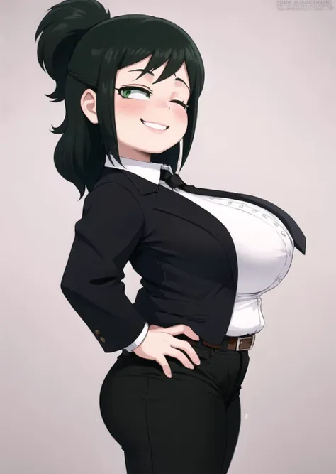 1girl, inkomidoriya, <lora:Inko Midoriya_128_e4:0.95> , [[plump]], shortstacks, white shirt, black necktie, black pants, [[[gigantic breasts]]], office,  green eyes, hands on hip, open jacket, black jacket, belt, (from side:1.3), smile, half-closed eyes,