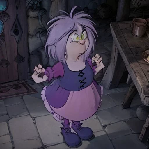 shortstacks, fat, masterpiece cartoon,  best high quality, ultra details, intricate details, 4k, <lora:Madam Mim:1>, elderly, witch, cartoon character, pale skin, lavender hair, green eyes. indigo shirt, magenta skirt, dark magenta sleeves, violet shoes, wrinkles, solo, skinny legs,  (cellulite:1.1), (flat chested:1.4), (sweat:1.2), looking at viewer, annoyed