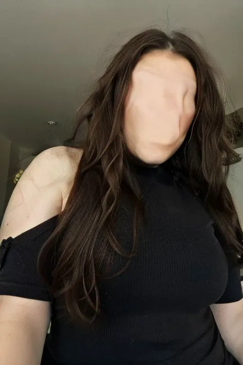 full body picture of woman, shortstacks, short curly dark brown hair, 20-year-old Tania,, , faceless
