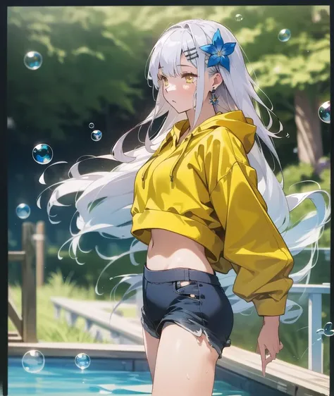 best quality, realistic water, 4K wallpaper, masterpiece, extremely detailed CG unity 8k wallpaper, extremely detailed eyes, ultra-detailed, 1girl, SummerStyle, silver hair, yellow eyes, bikini, crop top hoodie, skirt, earrings, necklace, hair ornament, outdoors, Florist, flower garden, full body, soap bubbles, <lora:SummerstyleArt:0.60>  <lora:CropTop:1>