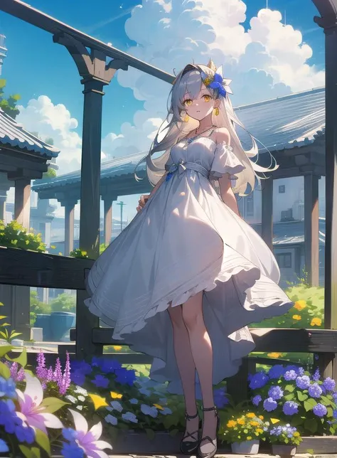 best quality, 4K wallpaper, masterpiece, extremely detailed CG unity 8k wallpaper, extremely detailed eyes, ultra-detailed, 1girl, SummerStyle, silver hair, yellow eyes, colored dress, jewelry, earrings, necklace, hair ornament, outdoors, flower garden, sky, cloudy sky, shoes, full body, <lora:SummerstyleArt:1>