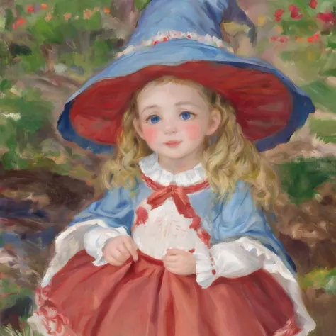 <lora:sar:0.6> srs masterpiece best quality ultra-detailed finely detail highres (()) two side up long blonde hair red ribbon white blouse red skirt lace-trimmed embroidery frilled long sleeves blue eyes embarrassed blush outdoors fantasy witch witch's hat and cape