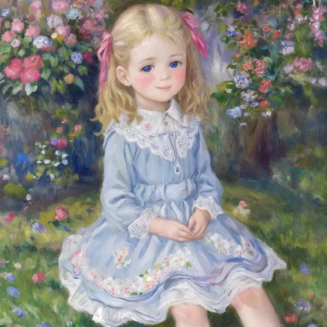 <lora:sar:0.6> srs masterpiece best quality ultra-detailed finely detail highres (()) two side up long blonde hair pink ribbon white dress lace-trimmed embroidery long sleeves blush embarrassed smile blue eyes sitting on side english floral garden