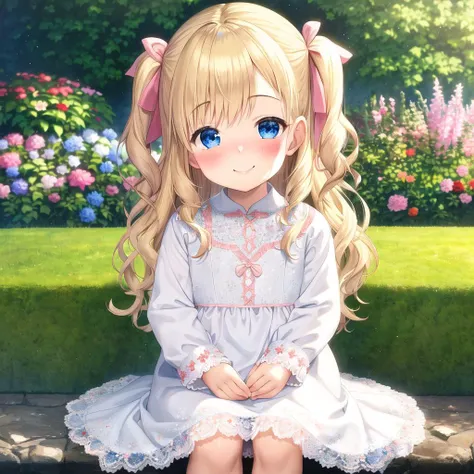 <lora:sar:0.3> srs masterpiece best quality ultra-detailed finely detail highres (()) two side up long blonde hair pink ribbon white dress lace-trimmed embroidery long sleeves blush embarrassed smile blue eyes sitting on side english floral garden