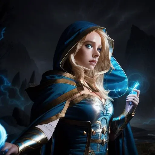 <lora:JainaProudmoore-000006:1> a sorceress casting lightning magic with a cloak on her head, jainaproudmoore, beautiful face, photograph, hdr, 4k, masterpiece, full body, blonde hair, blue armor