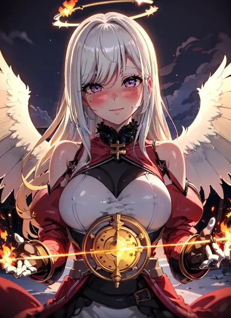 ((best quality)), ((highly detailed)), absurdres, (detailed eyes, deep eyes), (1girl), from below, worm's-eye view, upper body, ((archangel with a flaming spear and a shield)), angelic, Neon yellow hair, (floating hair), purple eyes, large white wings, symmetrical wings, (halo), golden glow, calm smile, long hair, flowing (white gown), maxiskirt, (cross), (clouds), (outdoors, at a rainforest, jungle canopy, night, night sky, stars, full moon, telescope), <lora:theobrobine_style_v1:.8>, theobrobine style
