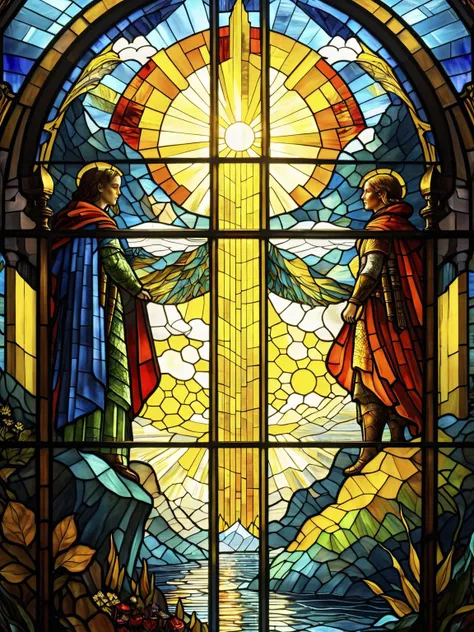 stained-glass, A stained glass portrayal of a digital world, with pixelated characters and landscapes, mimicking a video game <lora:DD-stained-glass-v1-XL:1>,dynamic, cinematic, masterpiece, intricate, hdr,