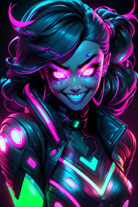 <lora:glowingnightmare:0.6>, GlowingNightmare, woman wearing Cyberpunk-inspired leather jacket with LED light trim, smile, neon colors, glowing || masterpiece, perfect quality, sharp focus, shallow depth of field, 8k