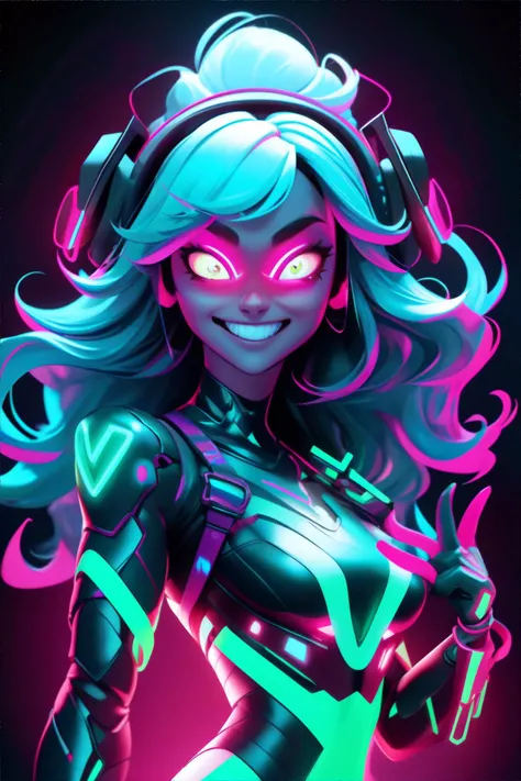 <lora:glowingnightmare:0.6>, GlowingNightmare, woman wearing Virtual reality interactive body harness with gesture control, smile, neon colors, glowing || masterpiece, perfect quality, sharp focus, shallow depth of field, 8k