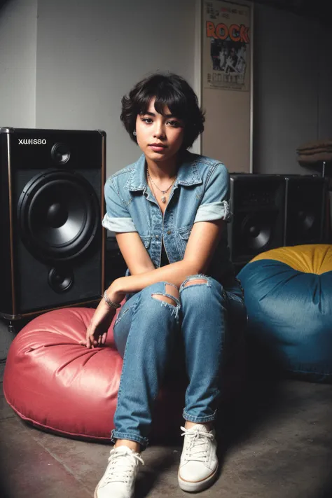 (vintage 80s style) analogue photo of a young woman with pixie cut, Glam rock groupie type, wearing acid-washed denim shirt, stone-washed jeans, white high-top sneakers, casio watch, (80s style Teen Hangout, A converted basement or garage with bean bags, posters of rock bands, and a stereo system, where friends gather to listen to music and share stories), film grain, Fujifilm XT3, photographed by eikoh hosoe <lora:add_detail:0.6> <lora:LowRA:0.4>