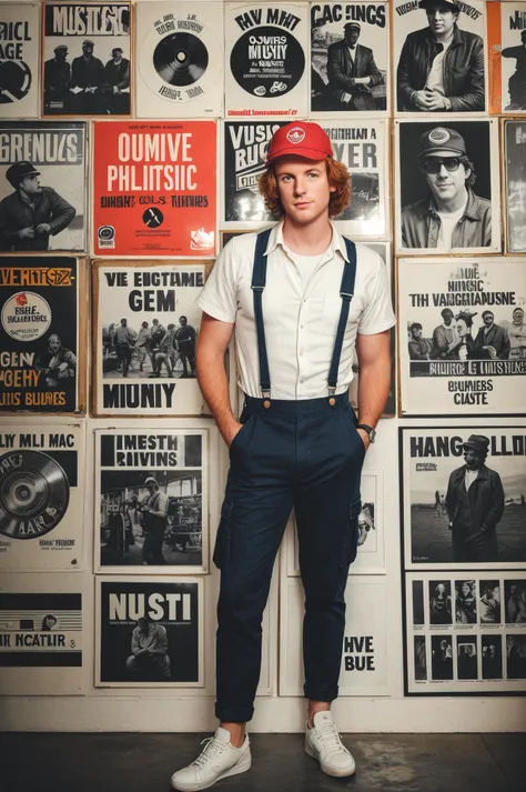 vintage 80s photo of a man, politician type, with ginger hair Duck's ass, Painter's cap, cargo overalls, high-top Reebok Classics, (80s style Record Store, A haven for music lovers, with rows of vinyl records, cassette tapes, and posters of iconic bands decorating the walls), face in highlight, soft lighting, high quality, film grain, Fujifilm XT3 <lora:add_detail:0.5>