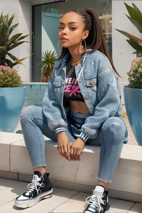 woman wearing crop sweatshirt with a side-tie, acid-washed skirt, scrunch socks, chunky sneakers || masterpiece, perfect quality, sharp focus, shallow depth of field, 8k