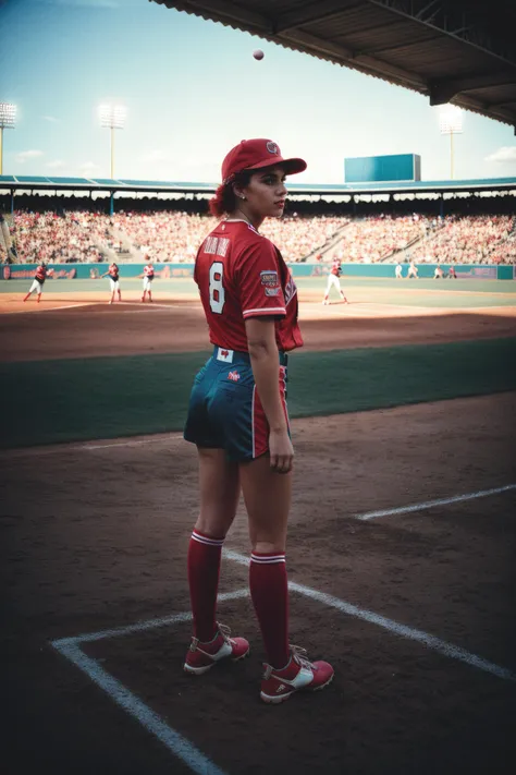 vintage 80s style analogue photo of a young woman with red punk spikes, Synth-pop aficionado type, (A softball field with players in uniforms, spectators in folding chairs, and the crack of the bat), film grain, Fujifilm XT3, in the style of nick ut <lora:add_detail:0.6> <lora:LowRA:0.5>