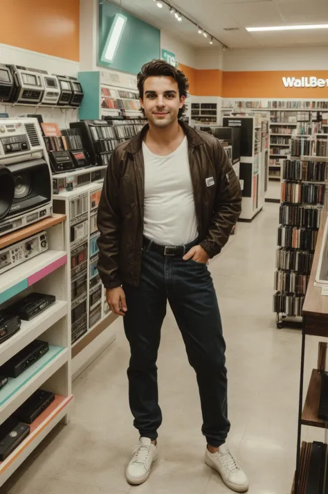 vintage 80s photo of a man, chef type, with dark brown hair Greaser hair, Fanny pack, neon windbreaker pants, Etnies sneakers, (80s style Radio Shack, The interior of a Radio Shack store with shelves stocked with electronics and gadgets like boomboxes, walkie-talkies, and early personal computers), face in highlight, soft lighting, high quality, film grain, Fujifilm XT3 <lora:add_detail:0.5>