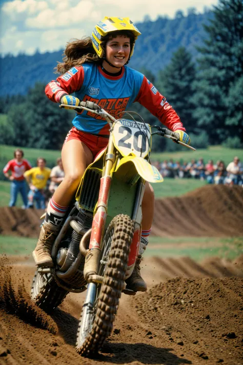vintage 80s style analogue photo of a young woman with brunette side-swept crimped waves, Synth-pop aficionado type, (A rugged motorcross track with dirt bikes revving and riders navigating jumps and obstacles), film grain, Fujifilm XT3, in the style of anna gaskell <lora:add_detail:0.6> <lora:LowRA:0.5>