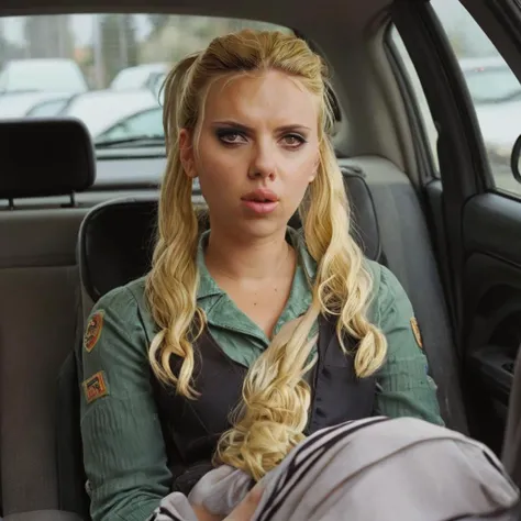 scarlettjohansson, blonde, pigtails, sitting in a car <lora:scarlettjohansson:1>