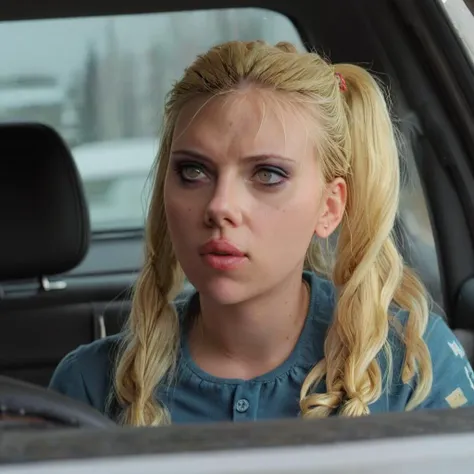 scarlettjohansson, blonde, pigtails, sitting in a car, looking out the window <lora:scarlettjohansson:1>
