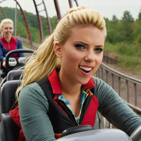 scarlettjohansson, blonde, ponytail, half body shot, on a rollercoaster, smiling <lora:scarlettjohansson:1>