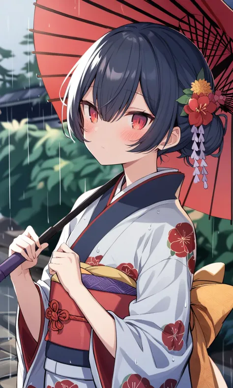 1girl, safe, morino rinze, solo, looking at viewer, blush, black hair, long sleeves, hair ornament, red eyes, holding, closed mouth, upper body, flower, outdoors, japanese clothes, hair flower, wide sleeves, kimono, hair bun, blurry, sash, blurry background, umbrella, obi, red flower, rain, holding umbrella, oil-paper umbrella