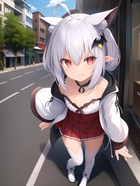 (cinematic shot, cinematic texture)((1girl flat chest shiny skin short hair white hair ahoge messy hair payot twintails short twintails animal ears animal ear fluff bat ears bangs hair between eyes bat hair ornament seductive smile empty eyes red eyes glowing eyes black dress short dress pleated skirt hooded jacket white jacket open jacket open clothes white hood down long sleeves wide sleeves past wrists sleeves past fingers white thighhighs zettai ryouiki boots white footwear,), (sniffing out a potential meal, eyes narrowed in focus), (real world location: sidewalk of a busy street), (backgroun: sidewalk lined with cafes and shops, passersby hurrying by)),(( left top view))<lora:kedamaa-v2-ep45:0.7>,, masterpiece, best quality, official art, extremely detailed CG unity 8k wallpaper, artbook,