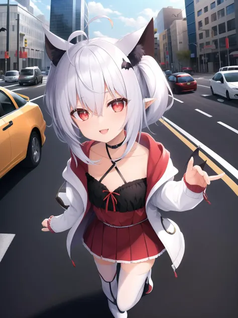 (cinematic shot, cinematic texture)((1girl flat chest shiny skin short hair white hair ahoge messy hair payot twintails short twintails animal ears animal ear fluff bat ears bangs hair between eyes bat hair ornament seductive smile empty eyes red eyes glowing eyes black dress short dress pleated skirt hooded jacket white jacket open jacket open clothes white hood down long sleeves wide sleeves past wrists sleeves past fingers white thighhighs zettai ryouiki boots white footwear,), (carefully navigating a busy intersection, dodging traffic), (real world location: city intersection), (backgroun: bustling intersection with cars, pedestrians, and the towering buildings of the city skyline)),(( right top view))<lora:kedamaa-v2-ep45:0.7>,, masterpiece, best quality, official art, extremely detailed CG unity 8k wallpaper, artbook,