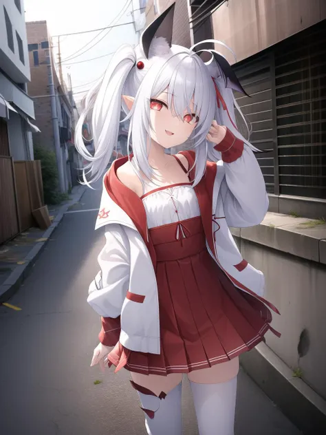 (cinematic shot, cinematic texture)((1girl flat chest shiny skin short hair white hair ahoge messy hair payot twintails short twintails animal ears animal ear fluff bat ears bangs hair between eyes bat hair ornament seductive smile empty eyes red eyes glowing eyes black dress short dress pleated skirt hooded jacket white jacket open jacket open clothes white hood down long sleeves wide sleeves past wrists sleeves past fingers white thighhighs zettai ryouiki boots white footwear,), (a stray cat prowling the alleys, alert and cautious), (real world location: back streets of a bustling city), (backgroun: cluttered alleyway with dumpsters, discarded items, and the faint sounds of traffic in the distance)),(( right top view))<lora:kedamaa-v2-ep45:0.7>,, masterpiece, best quality, official art, extremely detailed CG unity 8k wallpaper, artbook,