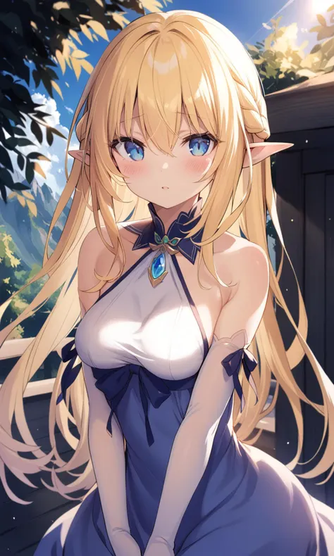 1girl, sensitive, solo, long hair, breasts, looking at viewer, blush, blue eyes, blonde hair, gloves, dress, hair between eyes, bare shoulders, upper body, outdoors, parted lips, pointy ears, day, elbow gloves, halterneck, sunlight, elf, gem